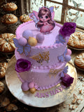 Enchanted Fairy & Butterfly Two-Tier Birthday Cake – Lavender & Gold Theme